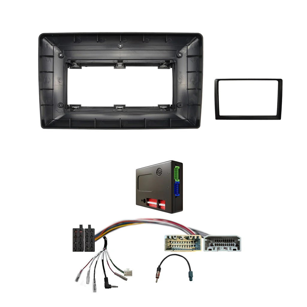 CAC FXJP8K 9 Inch Fascia Kit Compatible with Jeep Wrangler Cherokee Commander Chrysler Dodge Universal Trapezoid 9" or 10" Stereo Dash Plate with Steering Wheel Control Harness and Amplifier Compatibility - Black