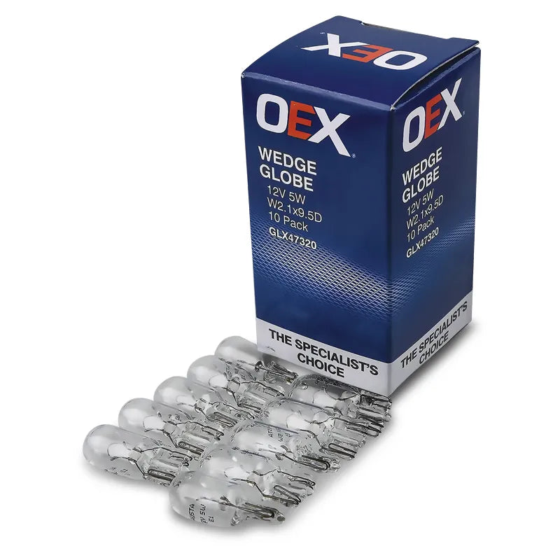 OEX GLX47320 12V T-10 5W Wedge Globes Standard W5W W2.1x9.5d- 10 Pce