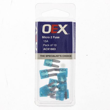 OEX ACX1663 Micro 2 Blade Fuse, 15A Blue - Pack of 10