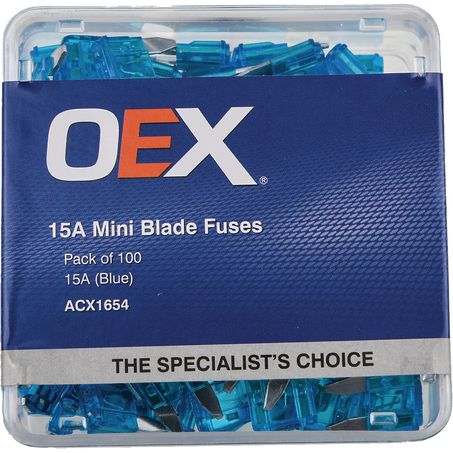 OEX ACX1654 Mini Blade Fuse, 15A Blue - Pack of 100