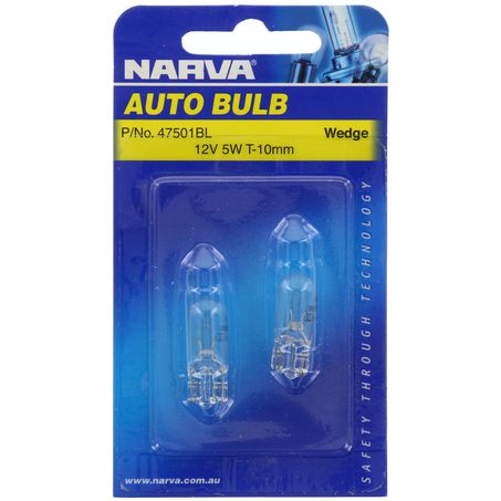 Narva 47501BL T-10mm W5W Wedge Globe W2.1 X 9.5D 12V 5W Blister Pack (2)