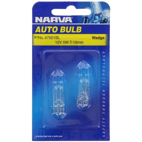 Narva 47501BL T-10mm W5W Wedge Globe W2.1 X 9.5D 12V 5W Blister Pack (2)