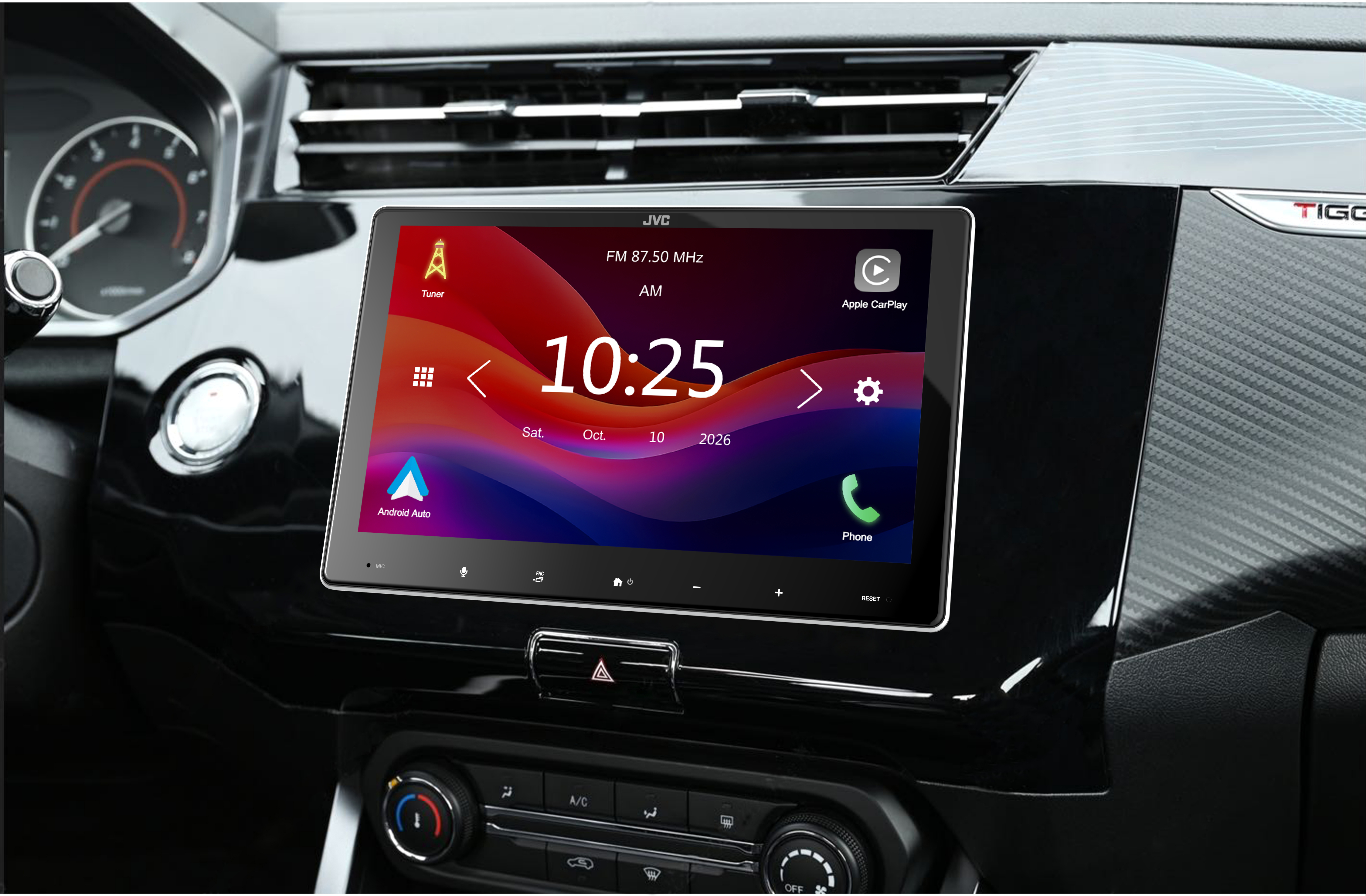 JVC KW-M8009F 9-inch floating capacitive touchscreen receiver with wireless CarPlay and Android Auto.