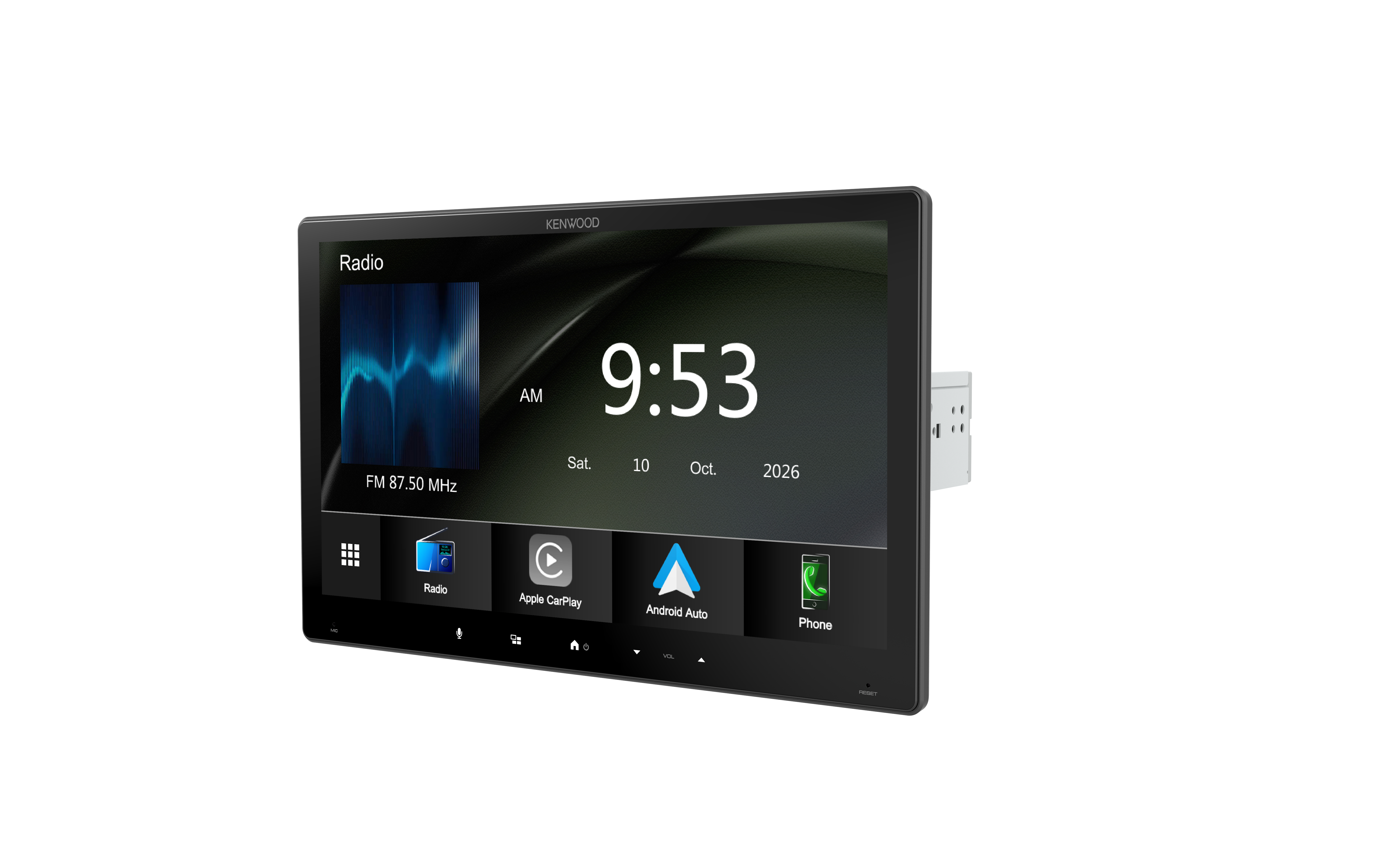 Kenwood DMX7412XDS 11.6-inch floating HD touchscreen receiver with wireless CarPlay and Android Auto.
Kenwood DMX7412XDS capacitive display AV receiver with DAB radio and flexible ball mount design