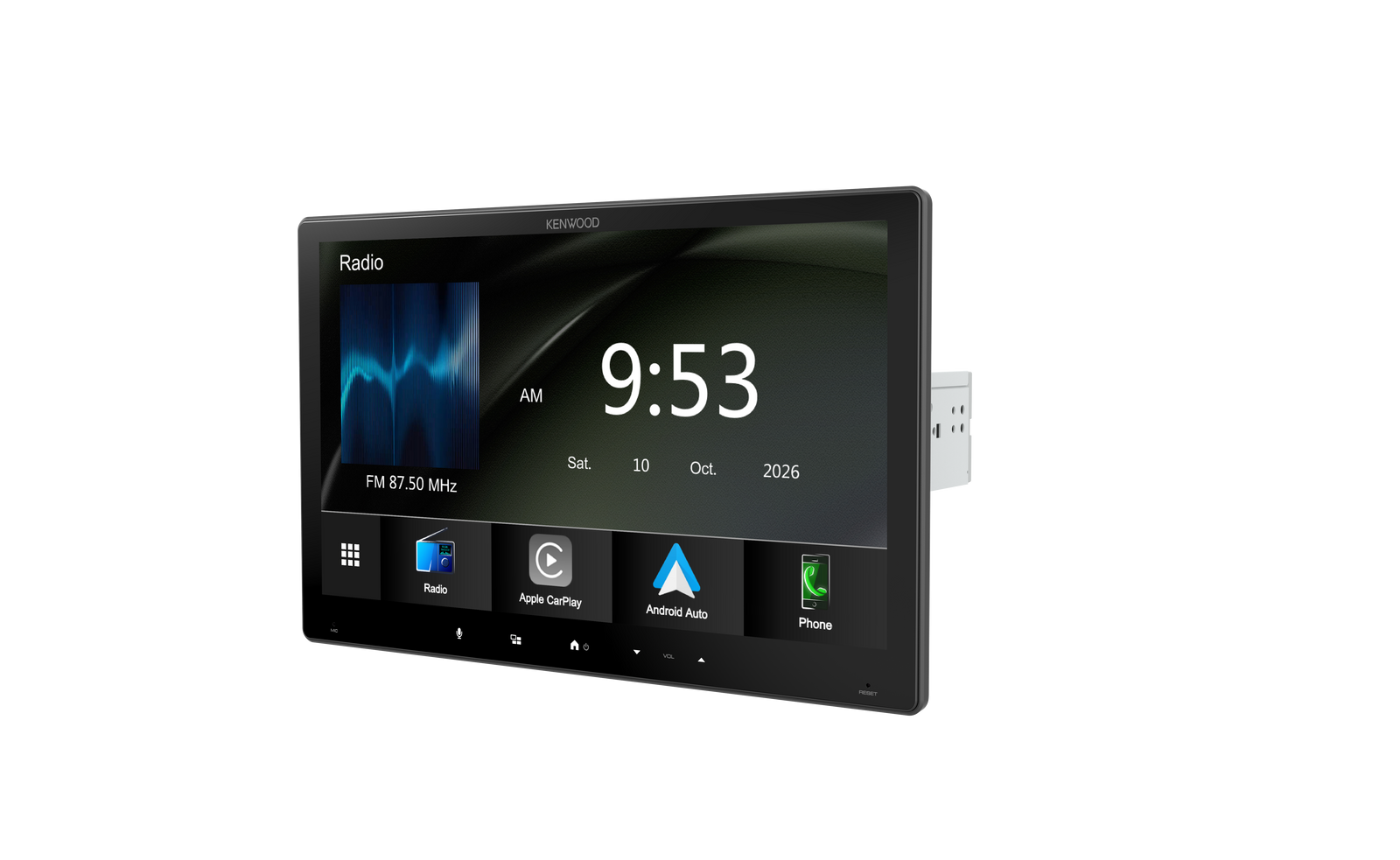 Kenwood DMX7412XDS 11.6-inch floating HD touchscreen receiver with wireless CarPlay and Android Auto.
Kenwood DMX7412XDS capacitive display AV receiver with DAB radio and flexible ball mount design