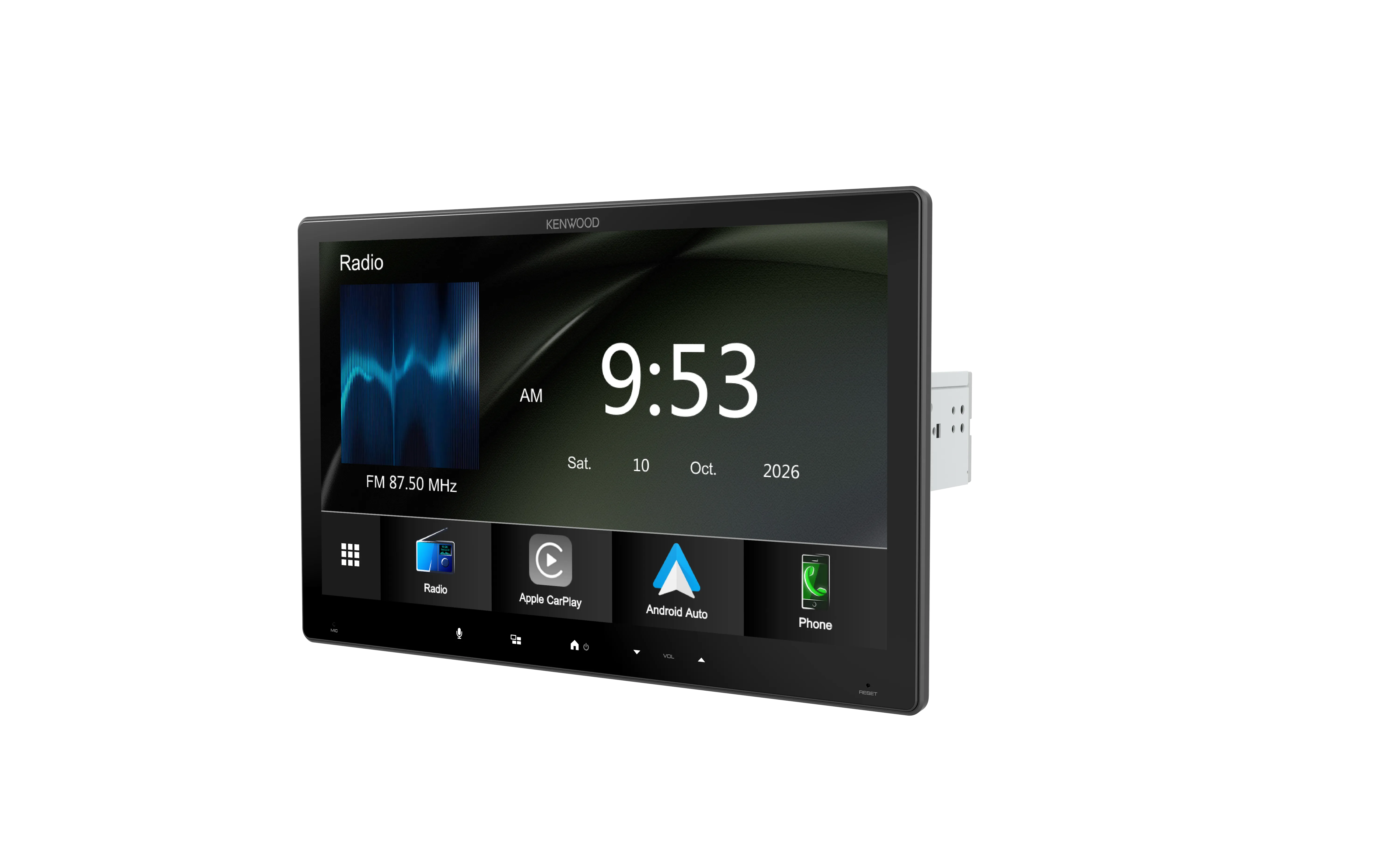 Kenwood DMX7412XDS 11.6-inch floating HD touchscreen receiver with wireless CarPlay and Android Auto.
Kenwood DMX7412XDS capacitive display AV receiver with DAB radio and flexible ball mount design