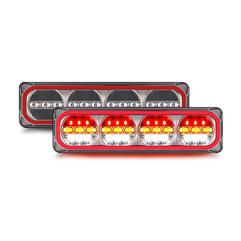 Two LED Autolamps 385 Series rear combination lights featuring red, amber, and clear lenses with 7-core plug connectors.