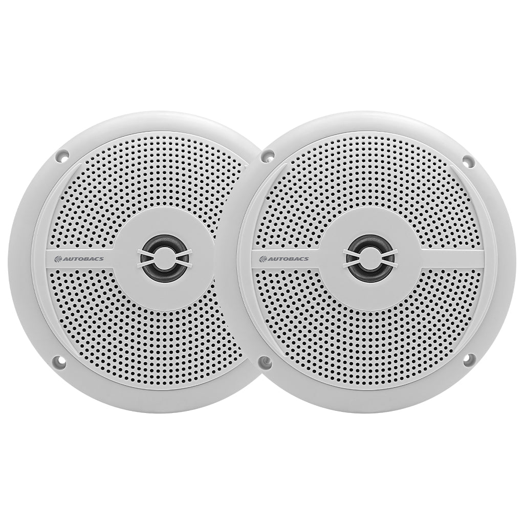 Autobacs M620W 6.5-inch marine speakers with white grilles and weather-resistant construction