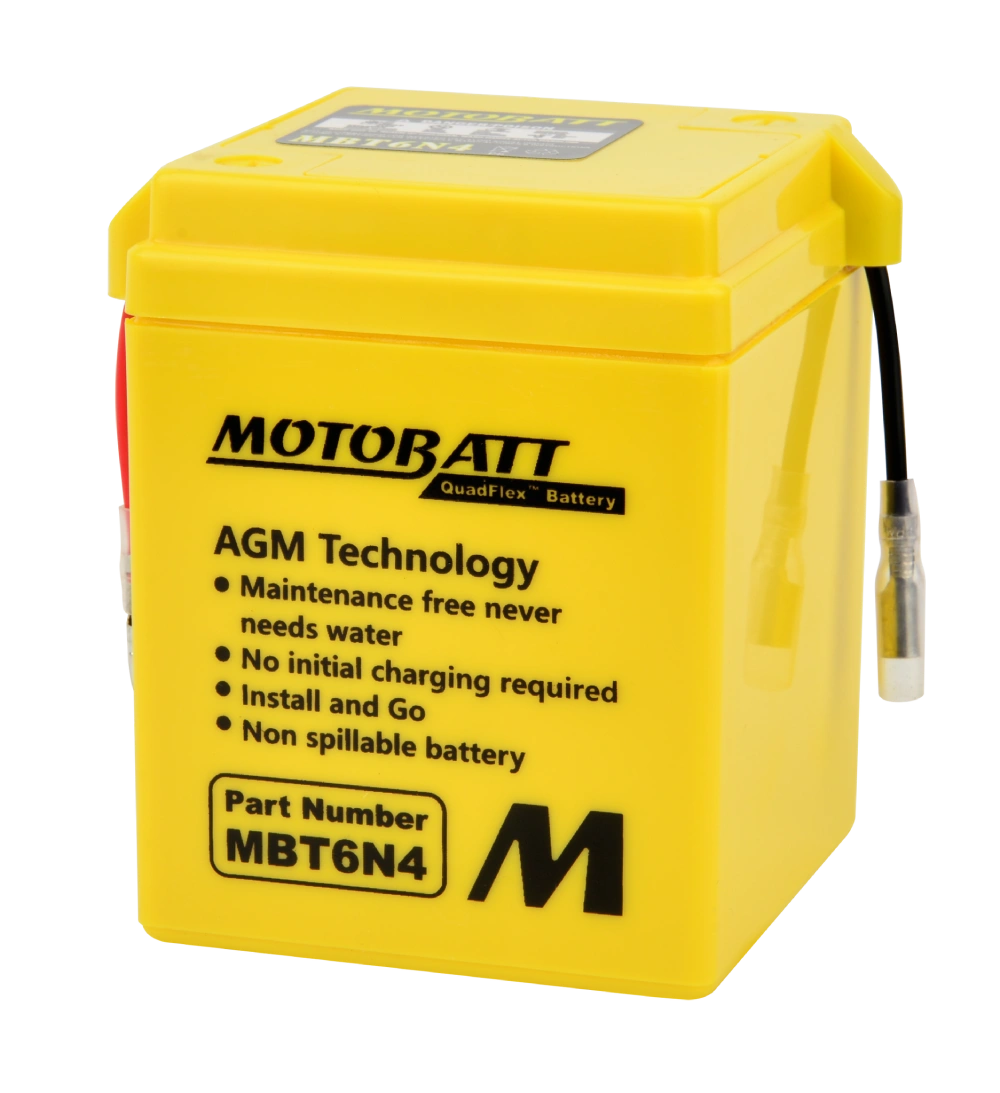 Yellow MBT6N4 battery from a front angle with the AGM Technology label, part number panel and a black tube fitted at the side