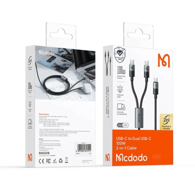 MCDODO MCA-6740 100W 5A USB-C to Dual USB-C Charging Lead - 1.5M | High-Speed Fast Charging Cable