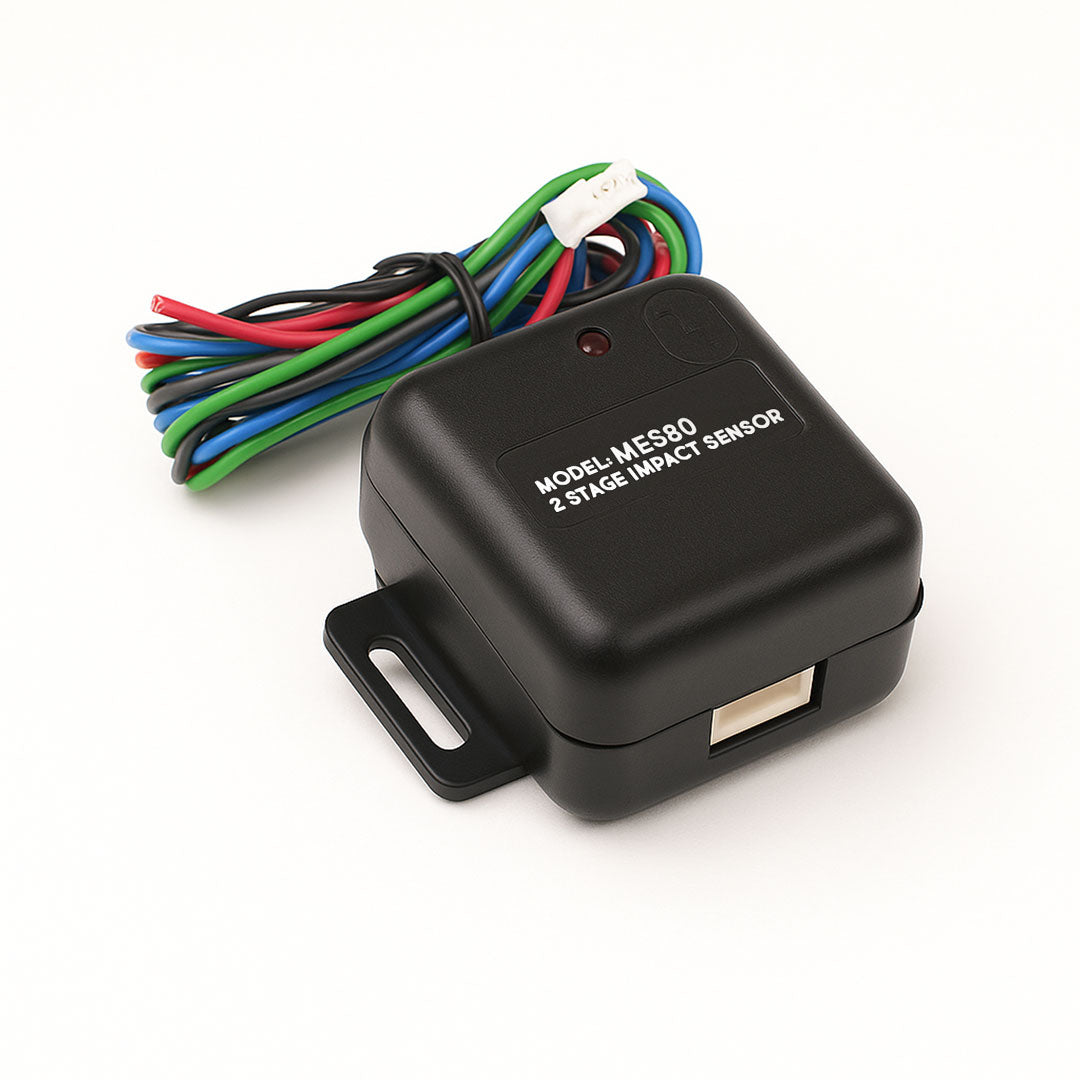 Mongoose MES80 impact sensor with dual-stage detection for car alarms with white background
