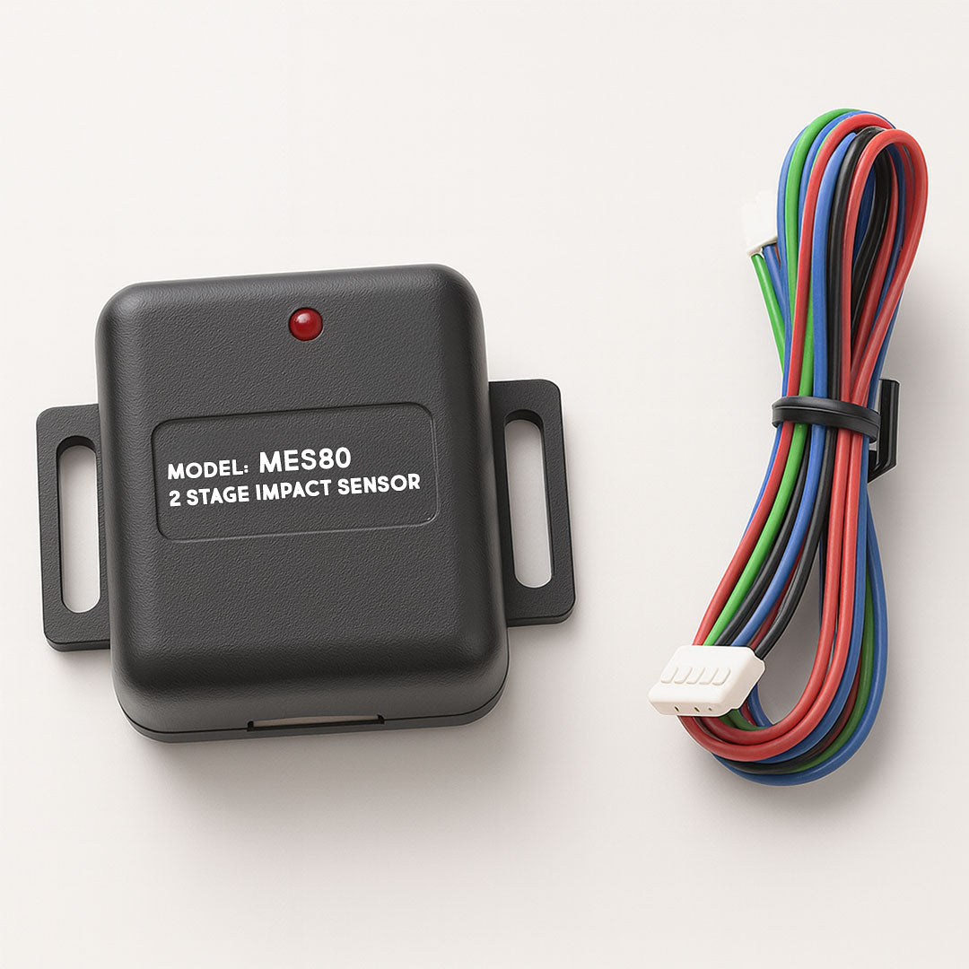 Mongoose MES80 impact sensor with dual-stage detection for car alarms with white background
