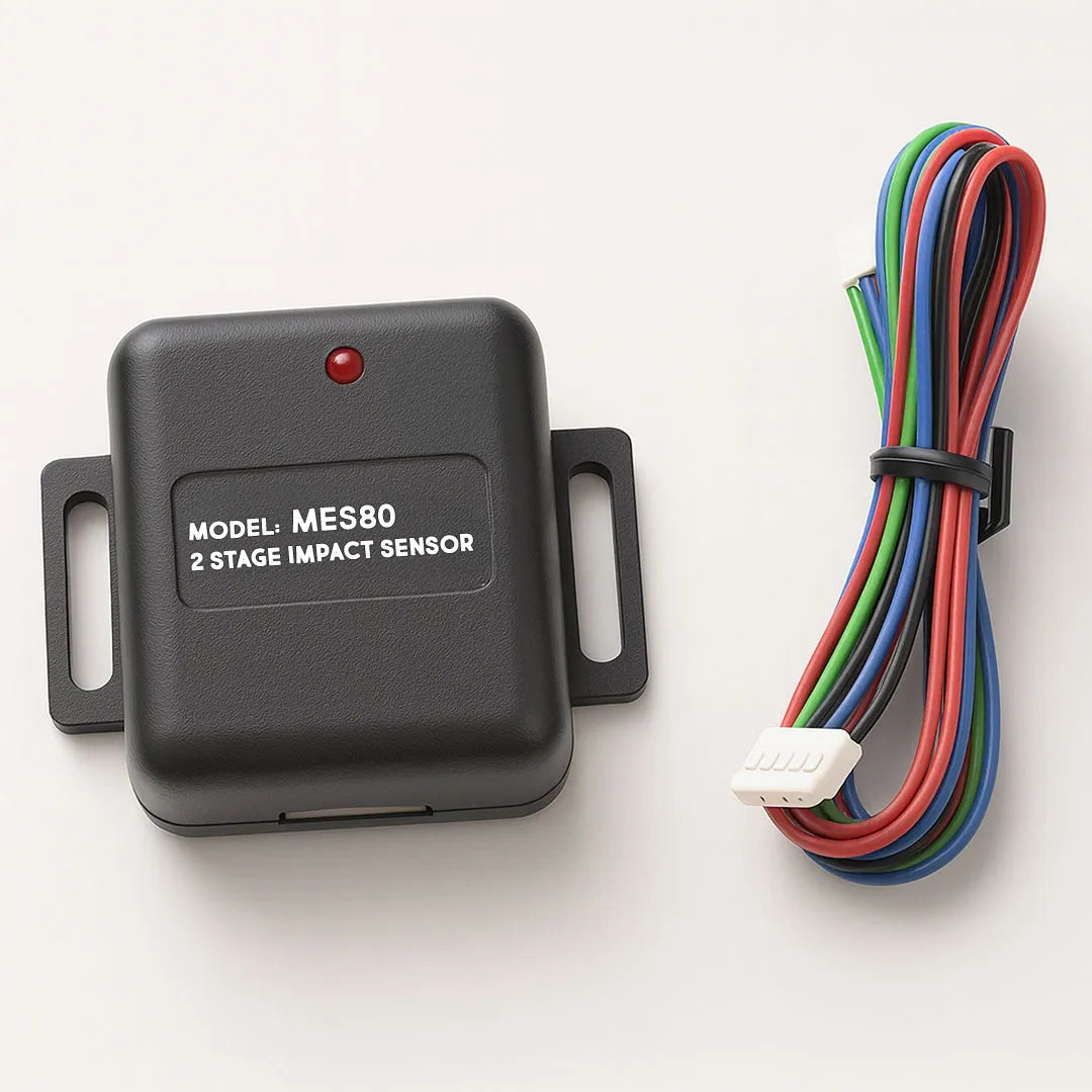 Mongoose MES80 impact sensor with dual-stage detection for car alarms with white background