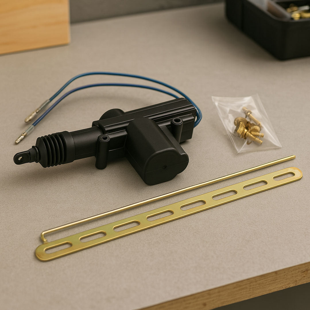 Mechanical component with wires and gold metal strip on a beige surface