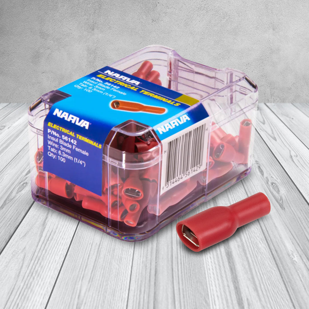 Narva 56142 Red | Female Crimp Terminal 6.3 x 0.8mm Blade Connector | Vinyl Insulated | 100 Pack