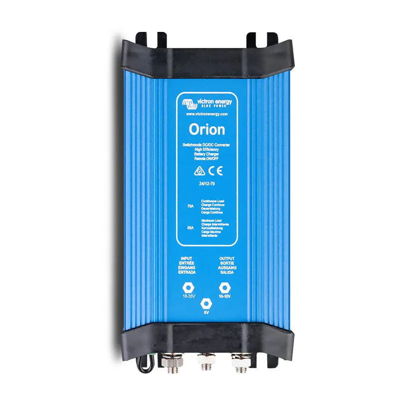 Victron Energy Orion ORI241270030 24/12-70A DC-DC Converter with a blue aluminum casing and binding posts on the front.