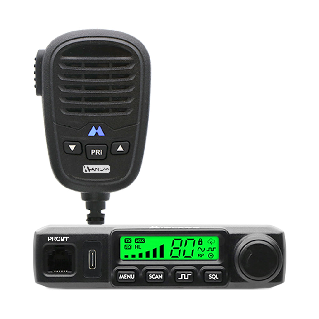Midland PRO911 12/24V compact UHF CB radio with MXTA37 Active Noise Cancelling IP66 microphone for commercial vehicles.
