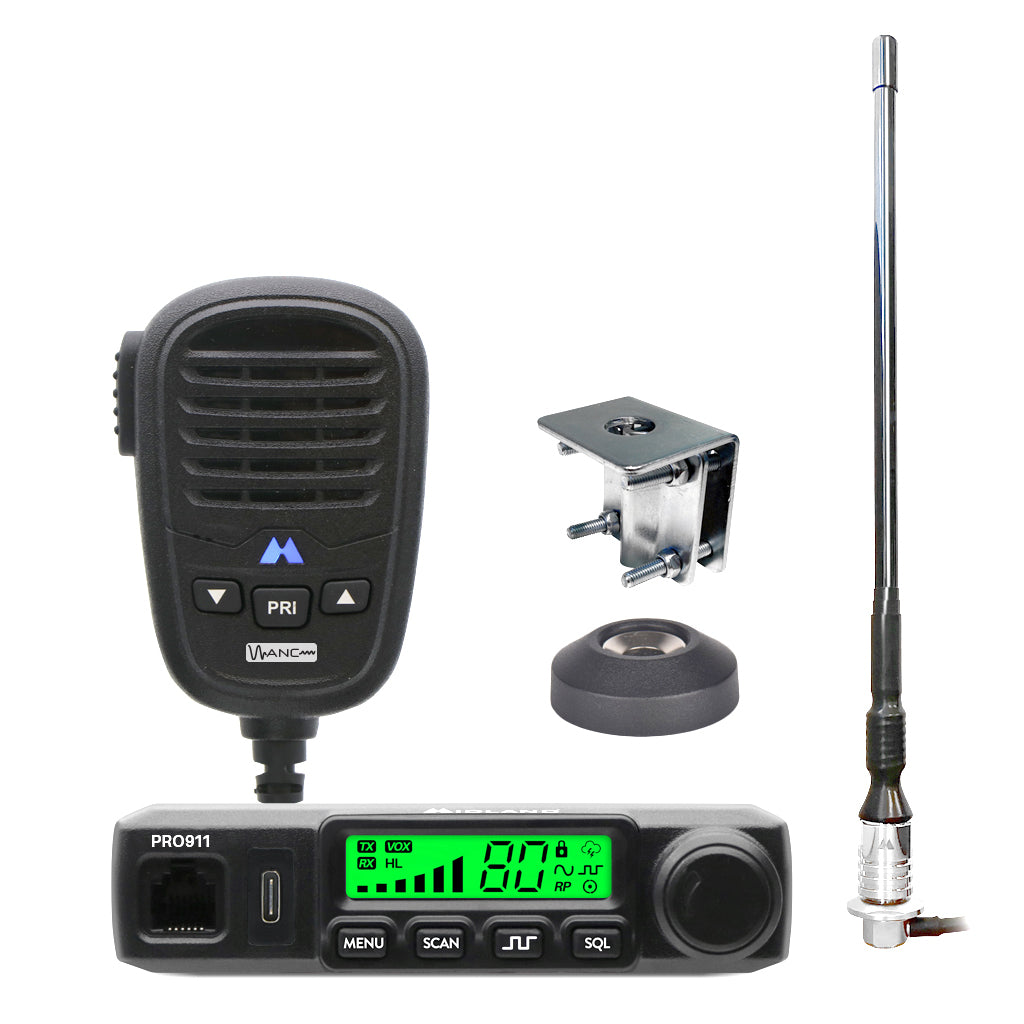 Midland PRO911KIT complete 12/24V UHF CB installation package with radio, MXTA37 ANC microphone, antenna, and bracket.

