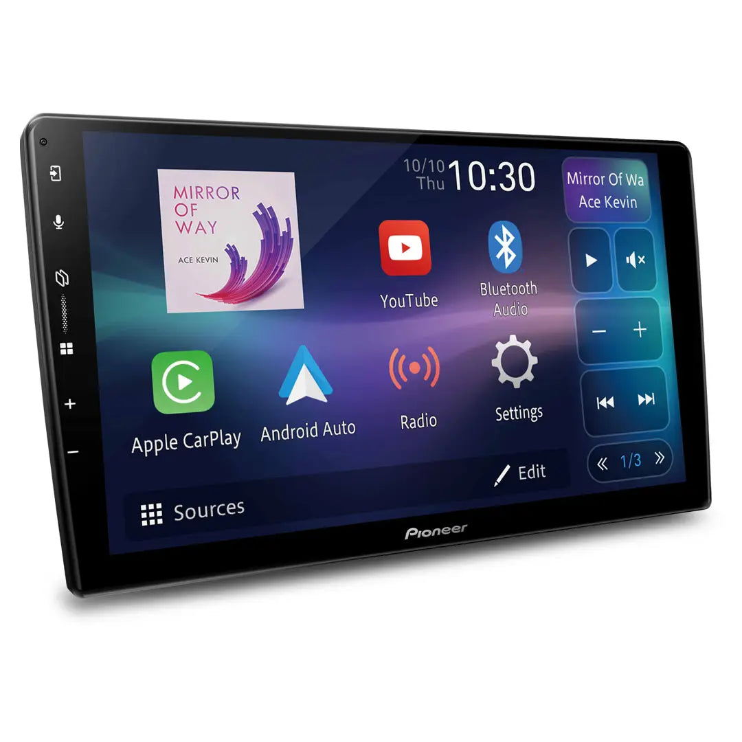 A Pioneer DMH-AP6650BT 9-inch Apple CarPlay/Android Auto wireless AV receiver with a display showing icons for Apple CarPlay, Android Auto, and other media sources.