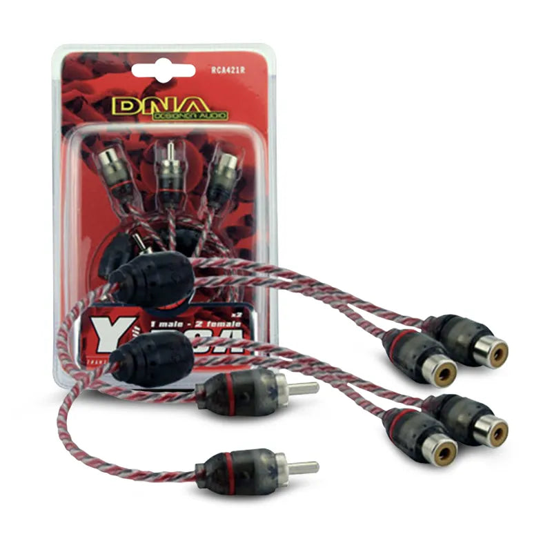 A DNA brand RCA Y split cable with one male and two female connectors, featuring a red color accent and packaged in a blister pack.