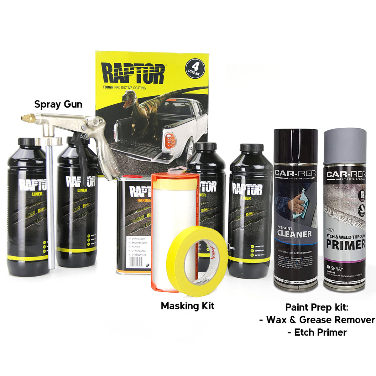 U-POL Raptor 4 bottle kit with standard spray gun, masking kit and paint prep kit