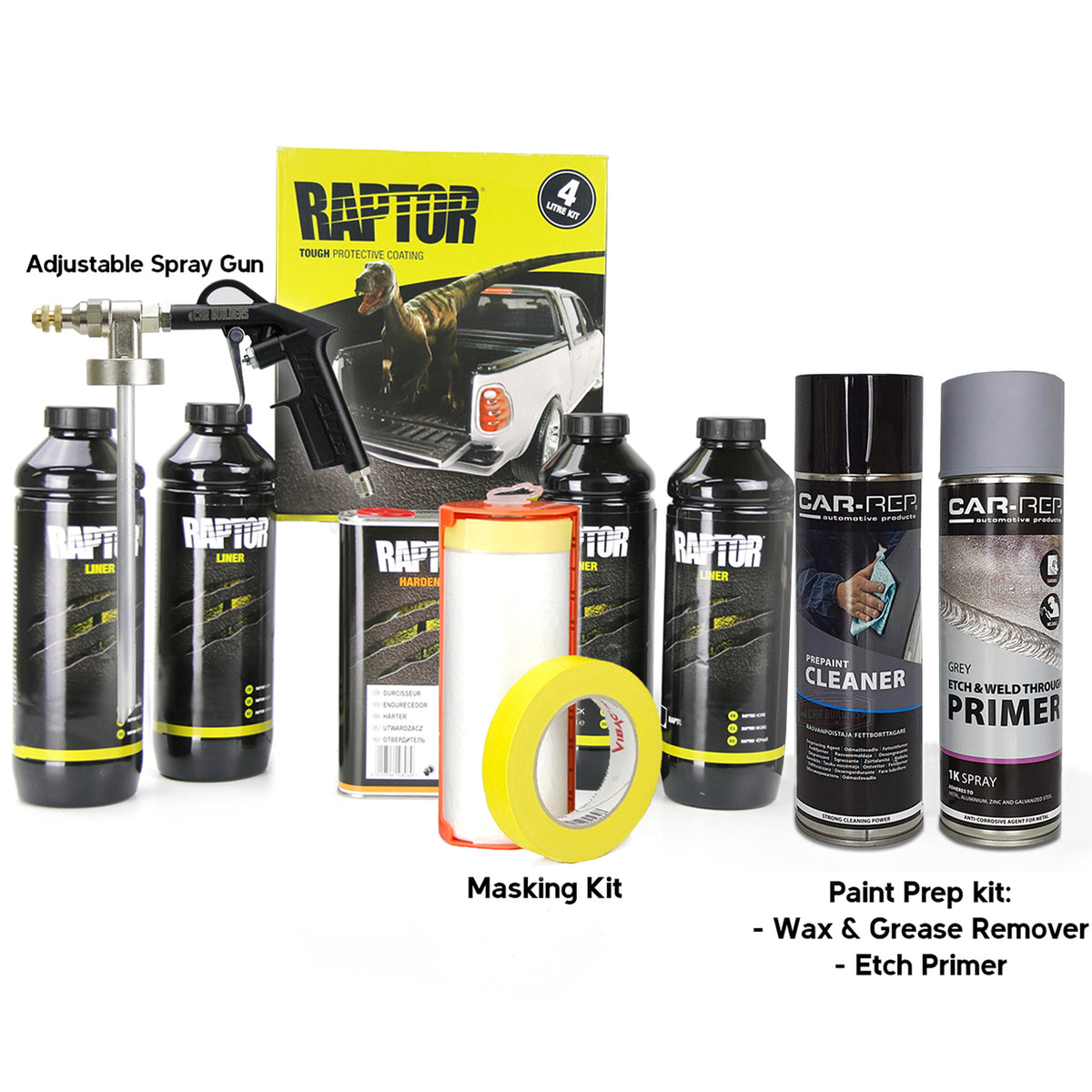 U-POL Raptor 4 bottle kit with adjustable spray gun, masking kit and paint prep kit