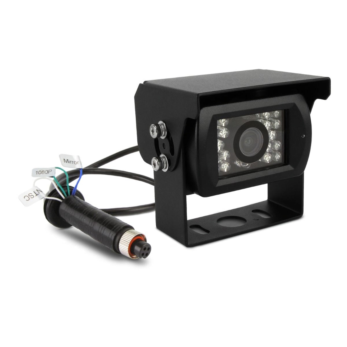 DNA RV100-AHD heavy-duty camera with metal body, sun visor, and IR LEDs.