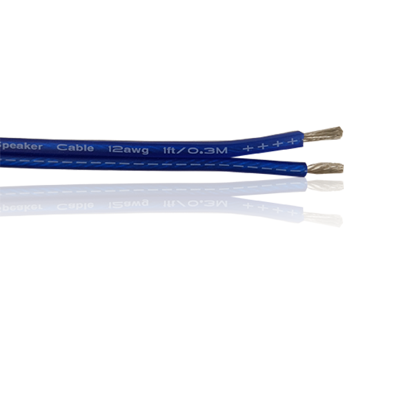 Length of blue twin core speaker cable with bare copper ends on both conductors