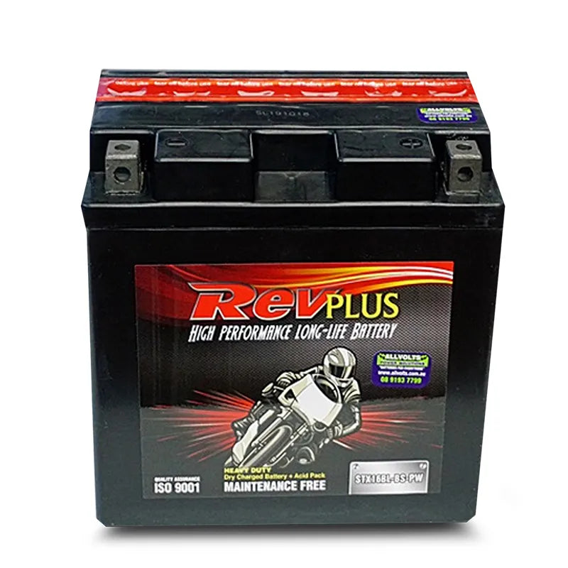 RevPLUS STX16BL-BS-PW Ultra High Performance Heavy Duty Motorcycle Battery (12V, 19Ah)