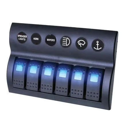 Thunder TDR11031 6 Rocker Switch Panel On/Off - SPST 12/24V Blue Illuminated (Contacts Rated 20A @ 12V)