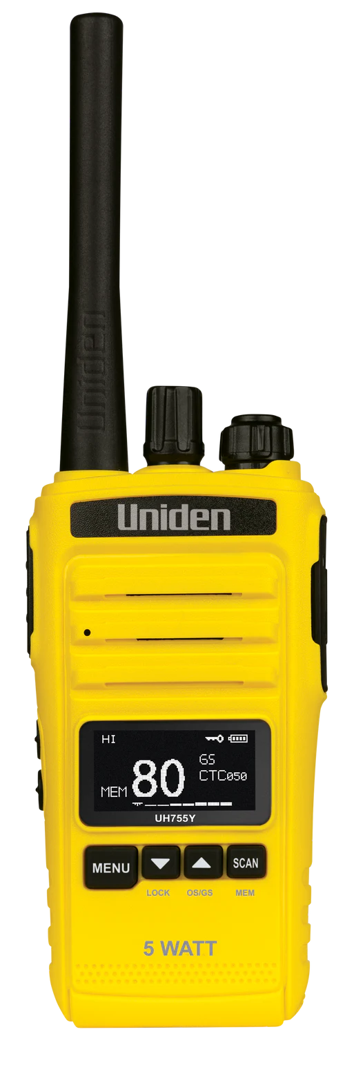 UNIDEN UH755-Y - 5 Watt Splashproof UHF Handheld Radio in Yellow