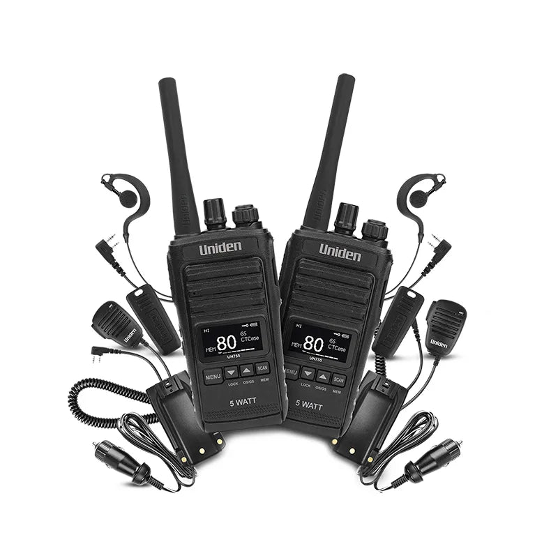 Uniden UH755-2DLX 5 Watt UHF CB Splashproof Handheld Radio – Deluxe Pack