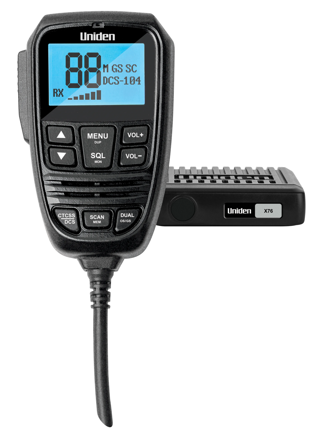 Uniden X76 speaker microphone with LCD screen beside the compact base unit