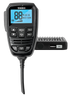 Uniden X76 speaker microphone with LCD screen beside the compact base unit