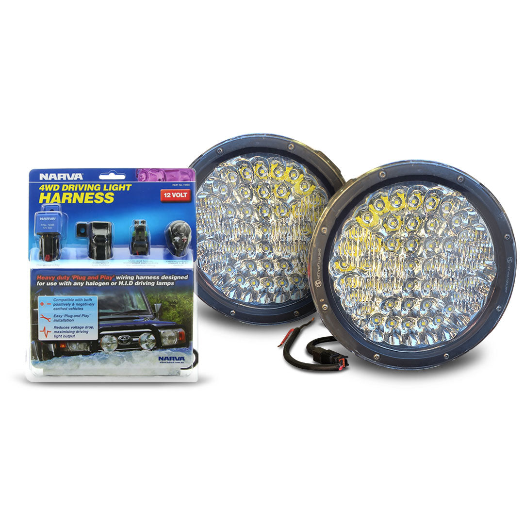 Villain Lighting 9" Pro Driving lights VIL-9DL-225 | 225 Watt Cree LED | 19000 Lumen Spotlight (Pair) with Narva 74402 12V 4WD Driving Light Wiring Harness Package