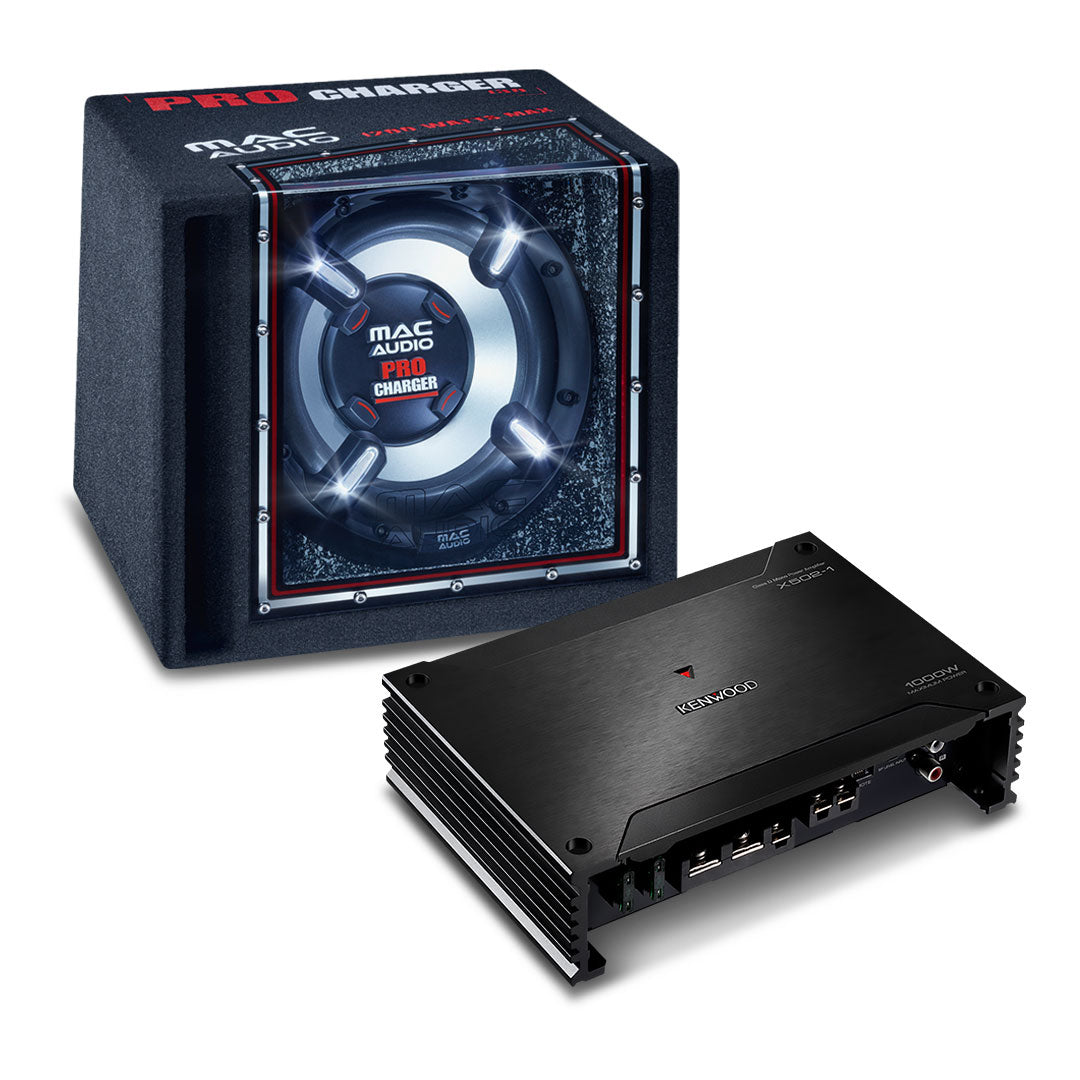 Kenwood X502-1 1000W X-Series Class-D Mono-Channel Power Amplifier and Mac Audio MC-PRO-CHA-130 Pro Charger 130 12" Bandpass-Type Subwoofer Enclosure Package