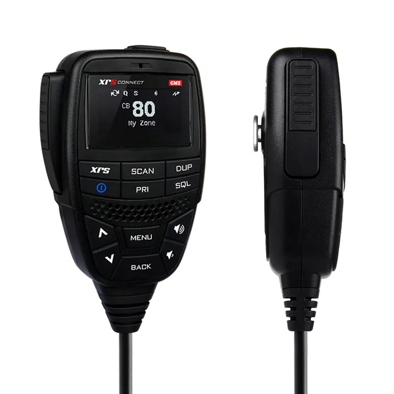 GME XRS-370C XRS Connect Compact UHF CB Radio featuring a digital screen, various control buttons, and a speaker microphone