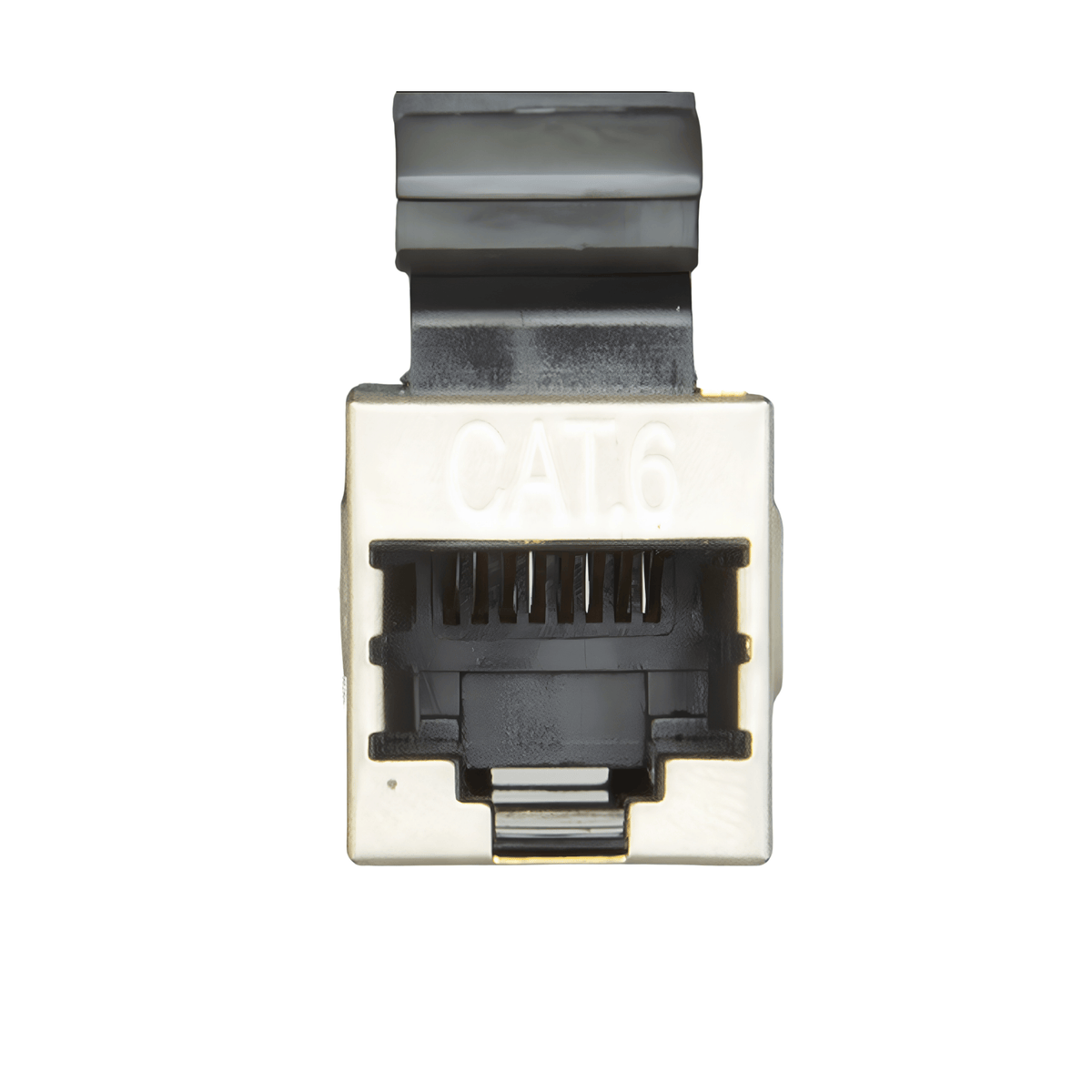 CAT6 marked RJ45 socket module in a metal shield, seen face on without the switch cover