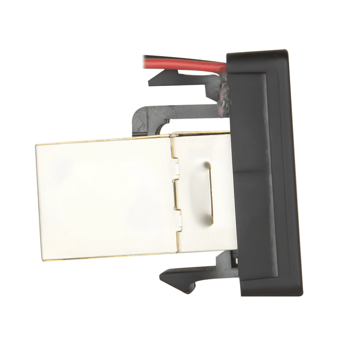 Switch housing from the side with the shielded socket body extending out and a red wire above