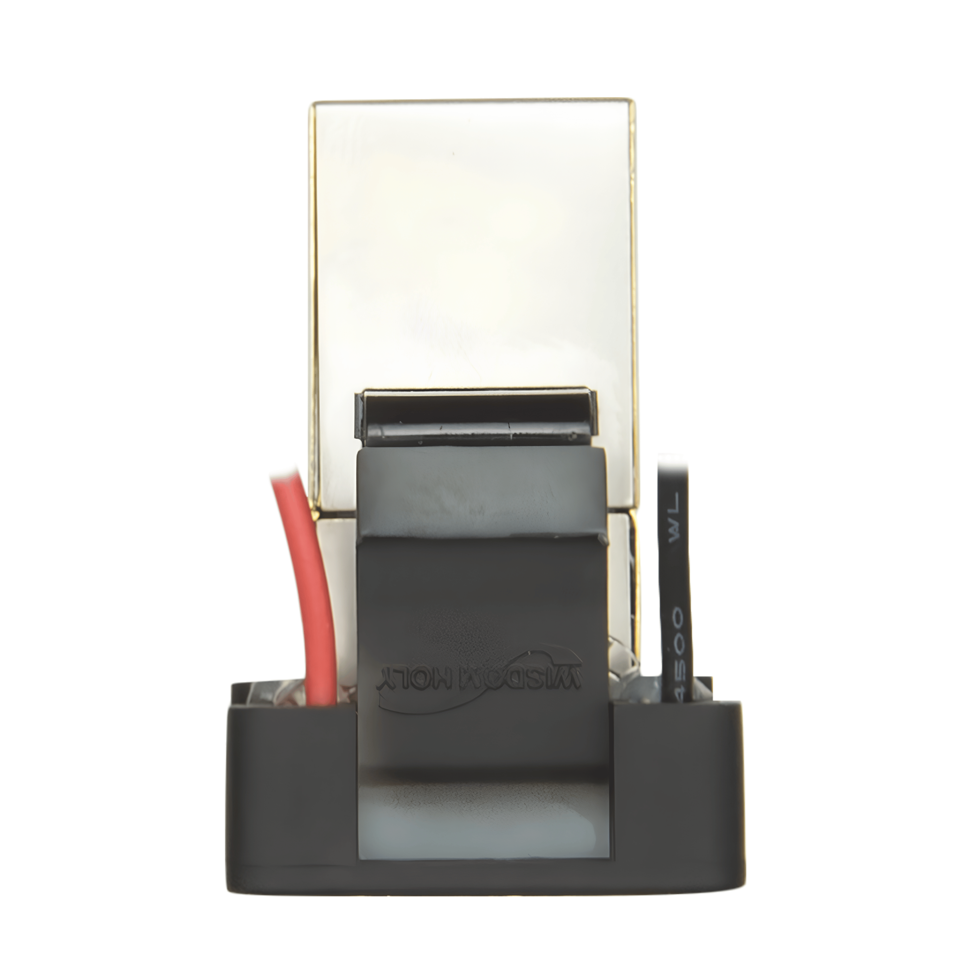 Switch seen from the top end with the metal socket shield, black clip and a red wire