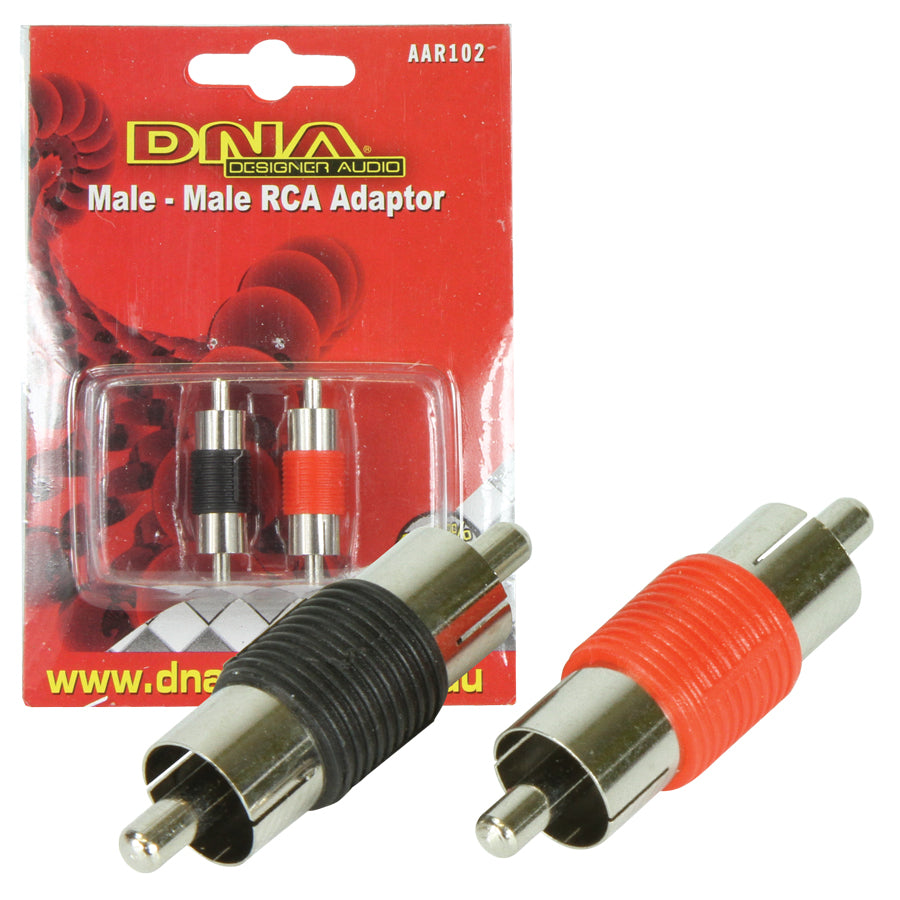 One black and one red male to male RCA joiner in front of the DNA blister card