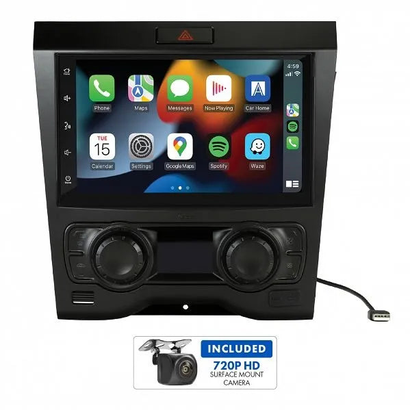 Aerpro 7" multimedia receiver with a black facia kit, displayed alongside a 720P HD AHD surface mount camera.
