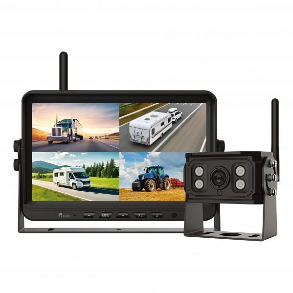 Aerpro AVK10W1 10" Wireless Heavy-Duty Quad View Monitor 1080P HD Camera Kit With DVR, including a display monitor and a black camera with LED indicators.