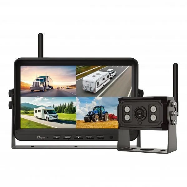 Aerpro AVK10W1 10" Wireless Heavy-Duty Quad View Monitor 1080P HD Camera Kit With DVR, including a display monitor and a black camera with LED indicators.