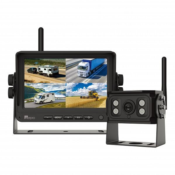 The image shows a 7-inch Aerpro brand wireless quad view monitor and an AVC14 wireless heavy-duty camera, typically used for vehicle surveillance and backing up.