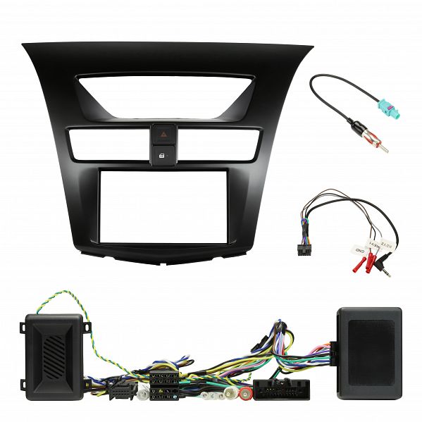 Double DIN black installation kit for Mazda BT-50 including fascia panel, metal brackets, wiring harness, steering wheel control interface, and mounting accessories.
