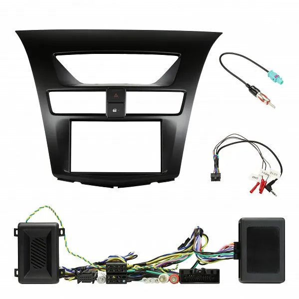 Double DIN black installation kit for Mazda BT-50 including fascia panel, metal brackets, wiring harness, steering wheel control interface, and mounting accessories.