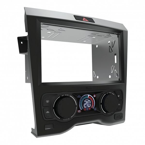 Black double DIN facia install kit for Holden Commodore VE Series 1 with single zone climate control, including space for a aftermarket headunit and climate control interface.