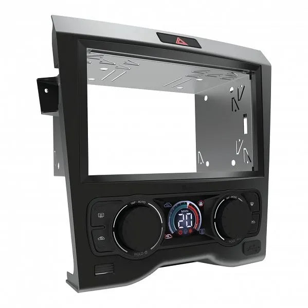 Black double DIN facia install kit for Holden Commodore VE Series 1 with single zone climate control, including space for a aftermarket headunit and climate control interface.