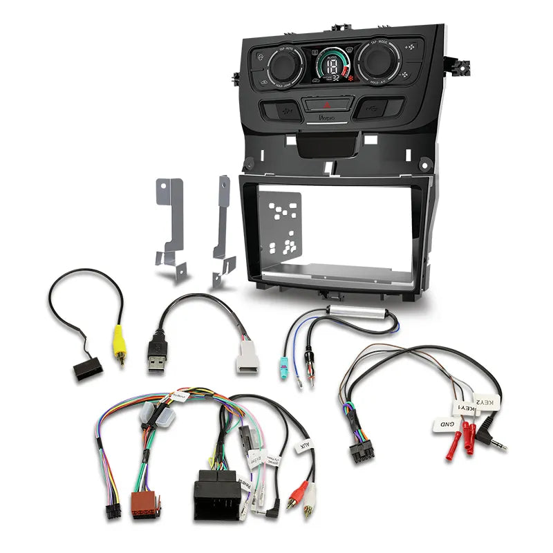 Aerpro FP9550BK Double DIN install kit in piano black with facia kit, trim panel, cables, and connectors.
